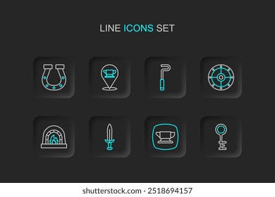 Clave antigua, herramienta de yunque de herrería, espada medieval, horno, escudo redondo, póker de fuego e icono de herradura. Vector