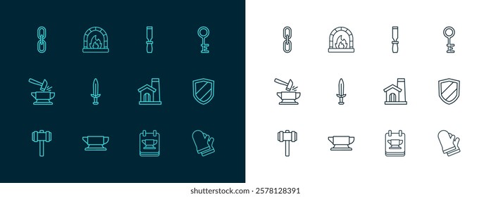 Set line Old key, Blacksmith anvil tool, Smithy workshop interior, Medieval sword, Rasp metal file, Chain link and oven icon. Vector
