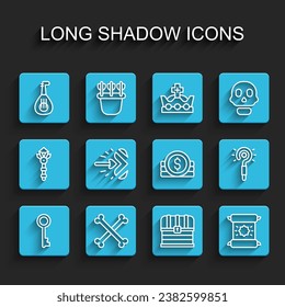 Set line Old key, Crossed human bones, Lute, Chest, Decree, parchment, scroll, Magic arrow, wand and Ancient coin icon. Vector