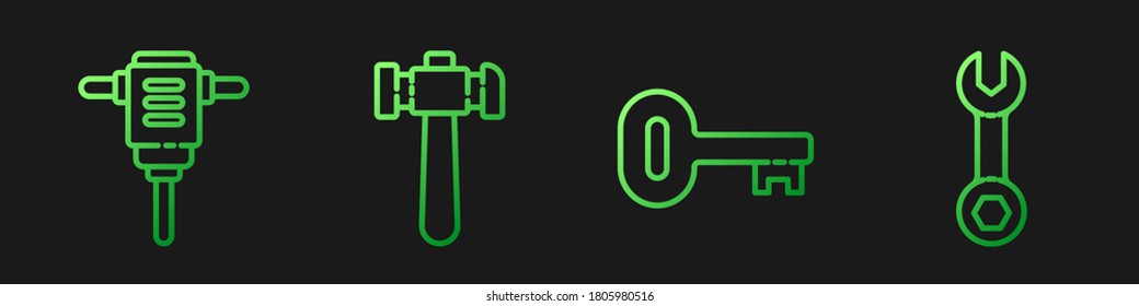 Set line Old key, Electric rotary hammer drill, Hammer and Wrench spanner. Gradient color icons. Vector