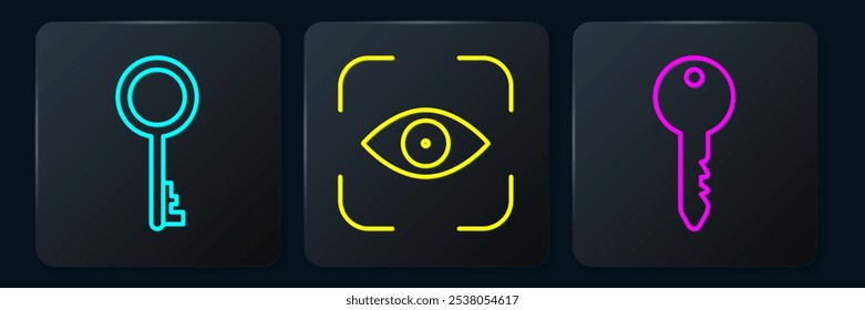 Establecer línea Clave antigua, Key y Eye scan. Botón cuadrado negro. Vector