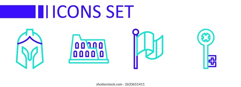 Set line Old key, Flag Italy, Coliseum and Roman army helmet icon. Vector