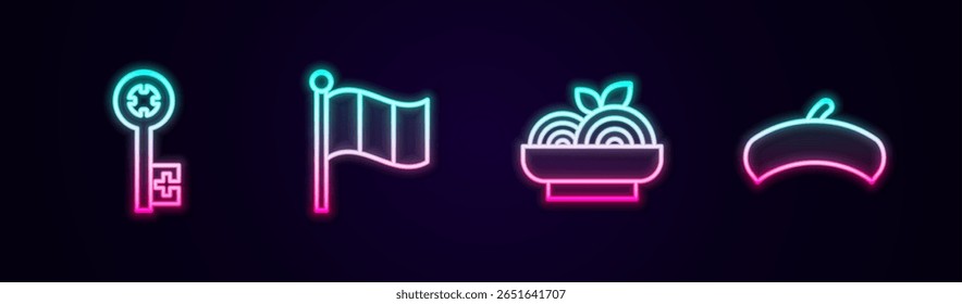 Set line Chave velha, Bandeira Itália, macarrão espaguete e boina francesa. Ícone de néon brilhante. Vetor