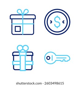 Set line Old key, Gift box, Coin money with dollar and  icon. Vector