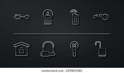 Set line Old key, House under protection, Broken, Wrong, Bicycle lock, Create account screen, Open padlock and Car with remote icon. Vector