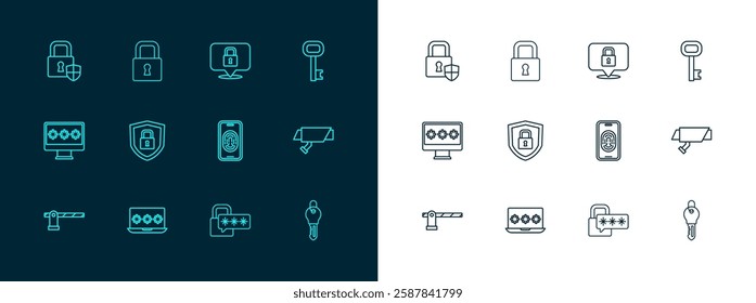 Set line Old key, Laptop with password, Mobile fingerprint scanner, Cyber security, Shield lock, Lock,  and  icon. Vector