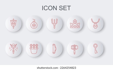 Set line Old key, Magic staff, Neptune Trident, Medieval axe, Pirate flag, Bomb ready to explode, Quiver with arrows and bow icon. Vector