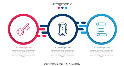 Set line Old key, Magic runes and Decree, parchment, scroll. Business infographic template. Vector