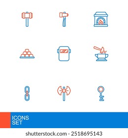 Set-Linie Alte Schlüssel, mittelalterliche Poleaxe, Kettenglied, Amboss und Hammer, Goldbarren, Schweißmaske, Schmiedeofen und Hammer-Symbol. Vektorgrafik