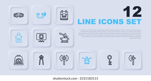 Set line Old key, Medieval axe, Horseshoe, Anvil and hammer, Blacksmith apron, pliers tool, Clamp screw and poleaxe icon. Vector