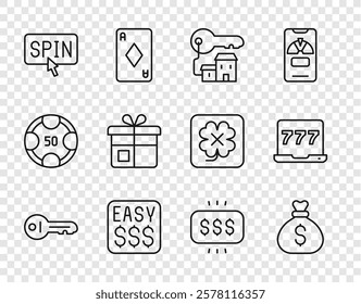 Set line Old key, Money bag, Winning house with, prize casino, Slot machine spin button, Gift box,  and Laptop and slot icon. Vector