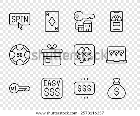 Set line Old key, Money bag, Winning house with, prize casino, Slot machine spin button, Gift box,  and Laptop and slot icon. Vector