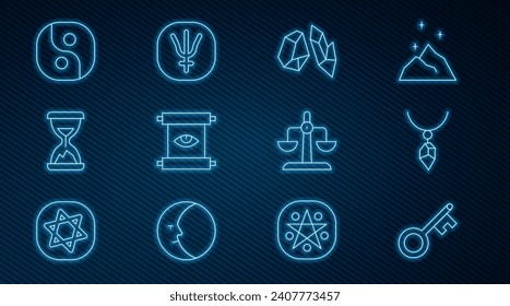Set Linie Alte Taste, Ketten mit Kristall, Magic Stein, alte magische Scroll, Stundenglassand, Yin Yang, Libra zodiac und Neptun Planeten Symbol. Vektorgrafik