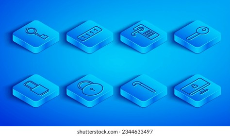 Set line Old key, Password protection, Digital door lock, Lock, Crowbar, Key,  and computer monitor icon. Vector