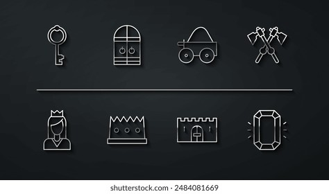 Llave vieja, Princesa, Ejes medievales cruzados, Puerta del castillo medieval, Corona del rey, Diamante y Icono de madera del Carrito de cuatro ruedas. Vector