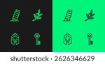 Set line Old key, Roman army helmet, Leaning tower in Pisa and Olives branch icon. Vector