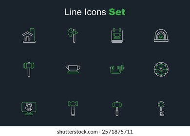 Set line Old key, Sledgehammer, Hammer, Horseshoe, Round shield, Clamp and screw tool, Blacksmith anvil and  icon. Vector