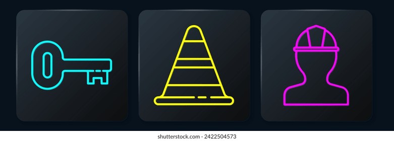 Set line Old key, Worker safety helmet and Traffic cone. Black square button. Vector