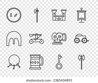 Set line Old keys, Medieval axe, Castle, Wooden mug, Round wooden shield, Catapult shooting stones,  and four-wheel cart icon. Vector