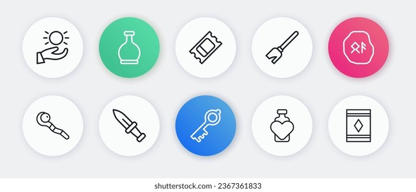 Línea de la antigua llave mágica, carreras mágicas, personal, botellas con poción amorosa, escoba de brujas, billete de circo, alfombra e ícono de Dagger. Vector