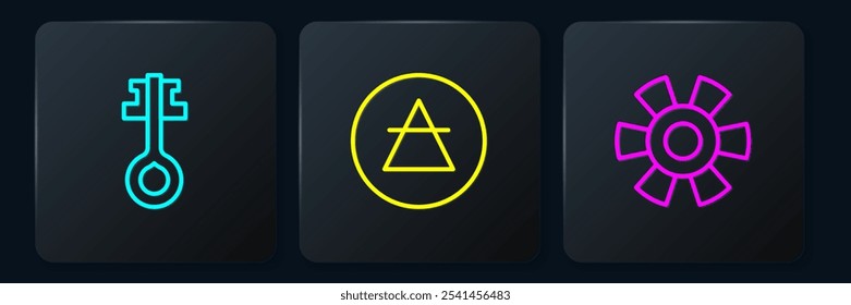 Set line Old magic key, Sun and Air element. Black square button. Vector