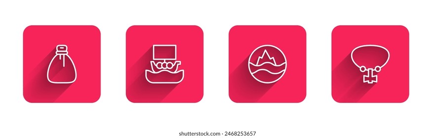 Set line Old money bag, Viking ship Drakkar, Sea and waves and Necklace with gem with long shadow. Red square button. Vector