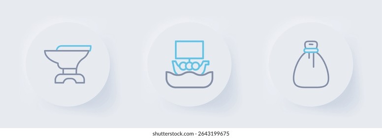 Set line Old money bag, Viking ship Drakkar and Anvil for blacksmithing icon. Vector