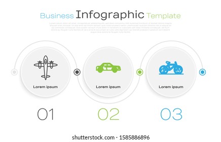 Set line Old retro vintage plane, Sedan car and Bicycle. Business infographic template. Vector
