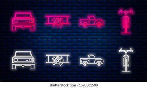 Set line Old retro vintage plane, Pickup truck, Off road car and Bicycle. Glowing neon icon on brick wall. Vector