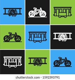 Set line Old retro vintage plane, Old city tram and Bicycle icon. Vector