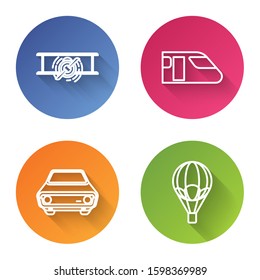 Set line Old retro vintage plane, Train, Car and Hot air balloon. Color circle button. Vector