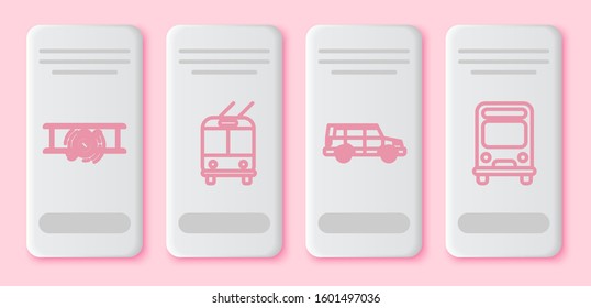 Set line Old retro vintage plane, Trolleybus, Off road car and Bus. White rectangle button. Vector
