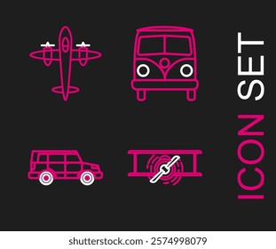 Set line Old retro vintage plane, Off road car, Retro minivan and  icon. Vector