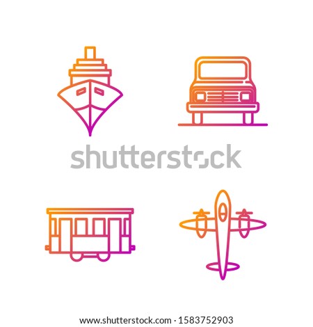 Set line Old retro vintage plane, Old city tram, Cargo ship and Car. Gradient color icons. Vector