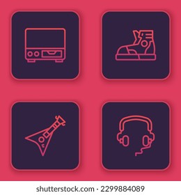 Set line Old video cassette player, Electric bass guitar, Sport sneakers and Headphones. Blue square button. Vector