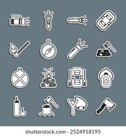 Set line Old wooden axe, Canteen water bottle, Wooden and, Flashlight, Compass, Burning match with fire,  and  icon. Vector