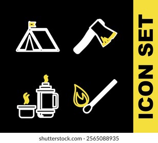 Set line Old wooden axe, Burning match with fire, Thermos container and Tourist tent flag icon. Vector