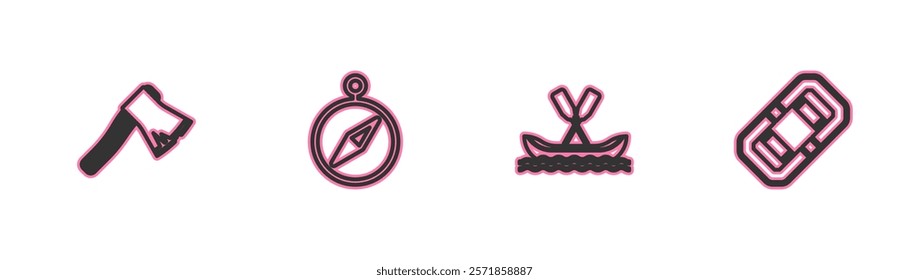 Set line Old wooden axe, Rafting boat, Compass and  icon. Vector