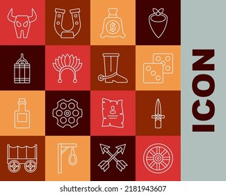 Set Line Old Wooden Wheel, Dagger, Game Dice, Money Bag, Indian Headdress With Feathers, Dynamite Bomb, Buffalo Skull And Cowboy Boot Icon. Vector