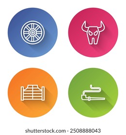 Set line Old wooden wheel, Buffalo skull, Saloon door and Smoking pipe. Color circle button. Vector