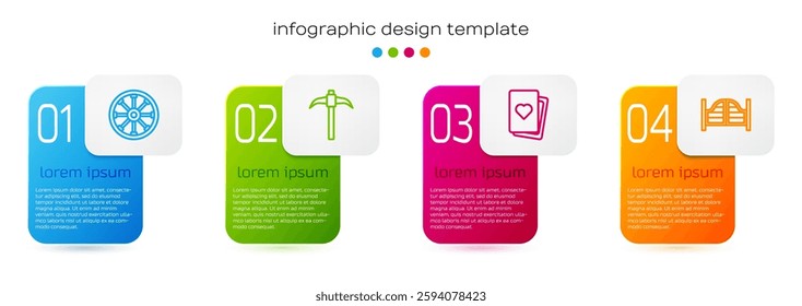 Set line Old wooden wheel, Pickaxe, Deck of playing cards and Saloon door. Business infographic template. Vector