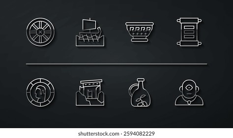 Set line Old wooden wheel, Ancient Greek coin, Decree, parchment, scroll, Bottle of olive oil, ruins, trireme, Cyclops and ancient bowl icon. Vector