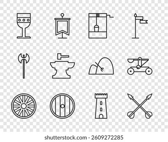 Set line Old wooden wheel, Medieval crossed arrows, Well with bucket, Round shield, goblet, Anvil for blacksmithing hammer, Castle tower and Catapult shooting stones icon. Vector