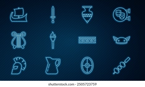 Set Linie Olive und Käse auf Stäbchen, Helm mit Flügeln, Antike Amphoren, Fackelflamme, Lyre, griechisches Trireme, Muster und mittelalterliches Schwertsymbol. Vektorgrafik