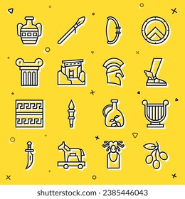 Set line Olives branch, Ancient lyre, Hermes sandal, Medieval bow, ruins, column, amphorae and Greek helmet icon. Vector