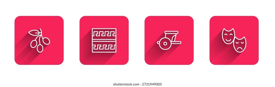 Set line Rama de olivos, Patrón griego antiguo, carro y máscaras de comedia y tragedia con sombra larga. Botón cuadrado rojo. Vector