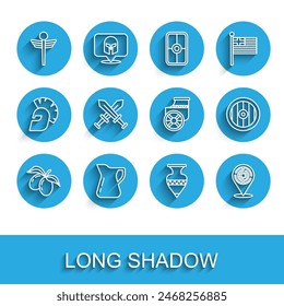 Set line Olives branch, Bottle of olive oil, Caduceus snake medical, Ancient amphorae, Minotaur labyrinth, Crossed medieval sword, Greek shield and chariot icon. Vector