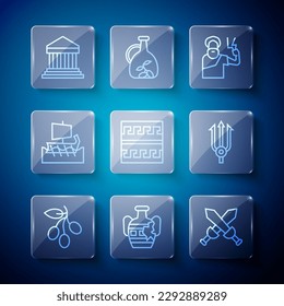 Set line Olives branch, Broken amphorae, Crossed medieval sword, Zeus, Ancient Greek pattern, trireme, Parthenon and Neptune Trident icon. Vector