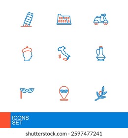 Set line Olives branch, Carnival mask, Bottle of olive oil, French man, Map Italy, Scooter and Coliseum icon. Vector
