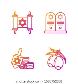 Set line Olives branch, Hanukkah dreidel and coin, Torah scroll and Tombstone with star of david. Gradient color icons. Vector